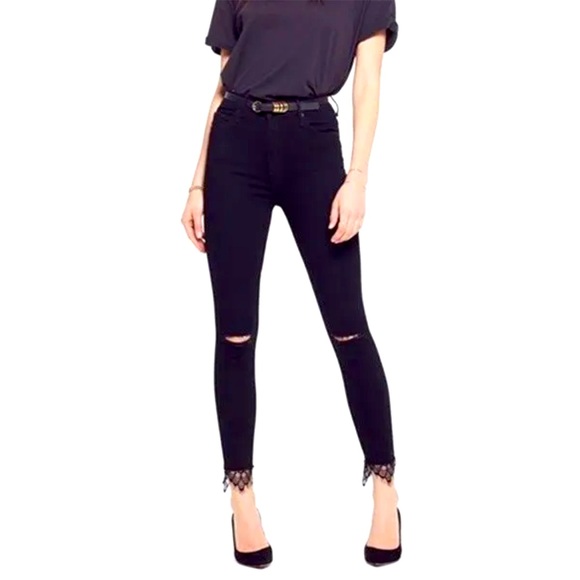 MOTHER Denim - Mother Denim the Swooner Dagger Ankle Fray in Baa Baa Black Sheep Lace Trim 28